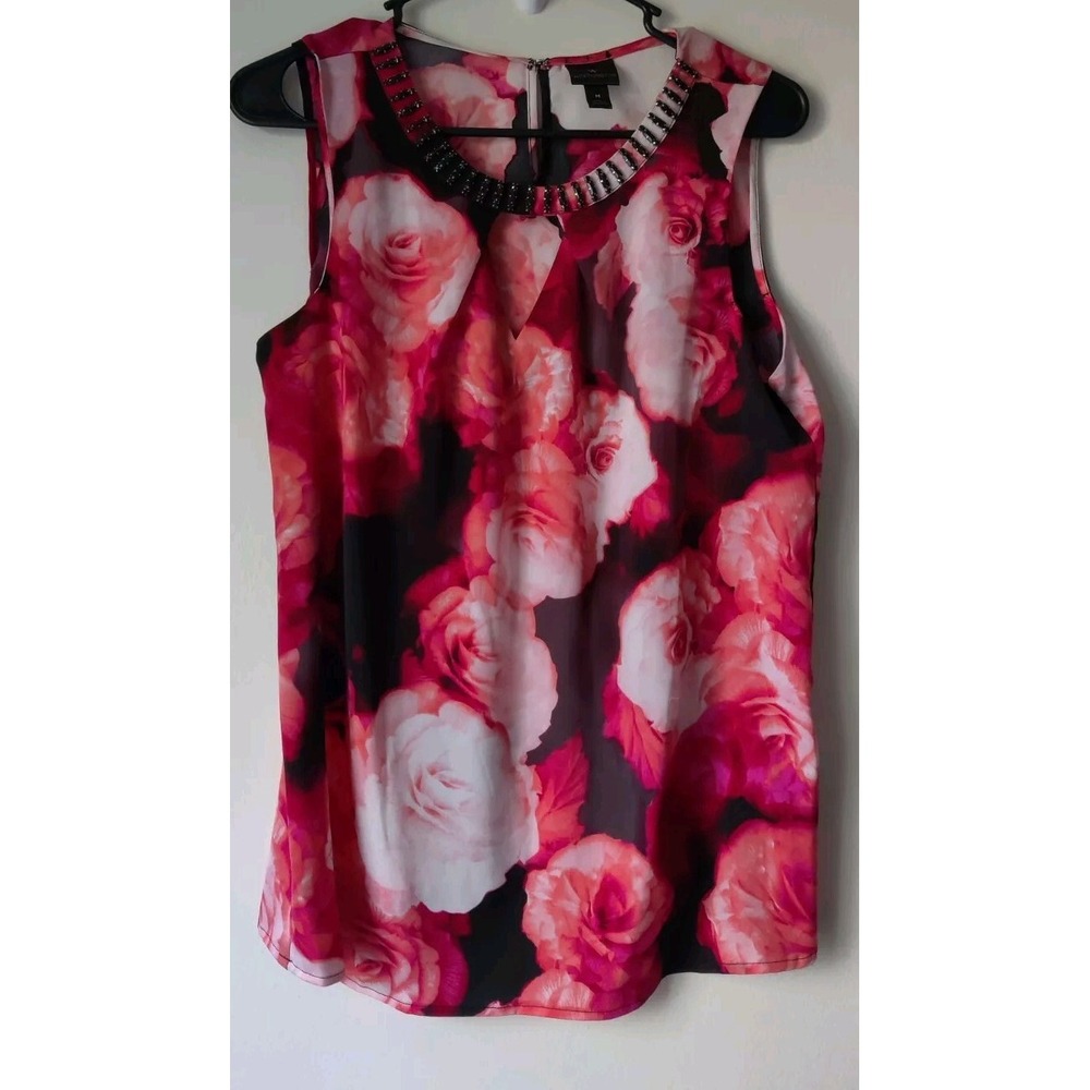Worthington Women's Red/Pink/Black Floral Sleeveless Blouse‎ Embellished Neck